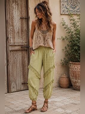 Young Threads NWT Sage Green Ruffle Harem Pants Medium Boho